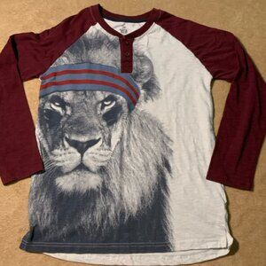 Rustic Blue Boys Sz LG (14-16) Maroon Cream‎ Long Sleeve Lion Casual Shirt (E)